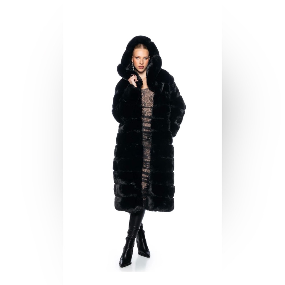 AZALEA WANG FAUX FUR PANEL HOODED TRENCH IN BLACK